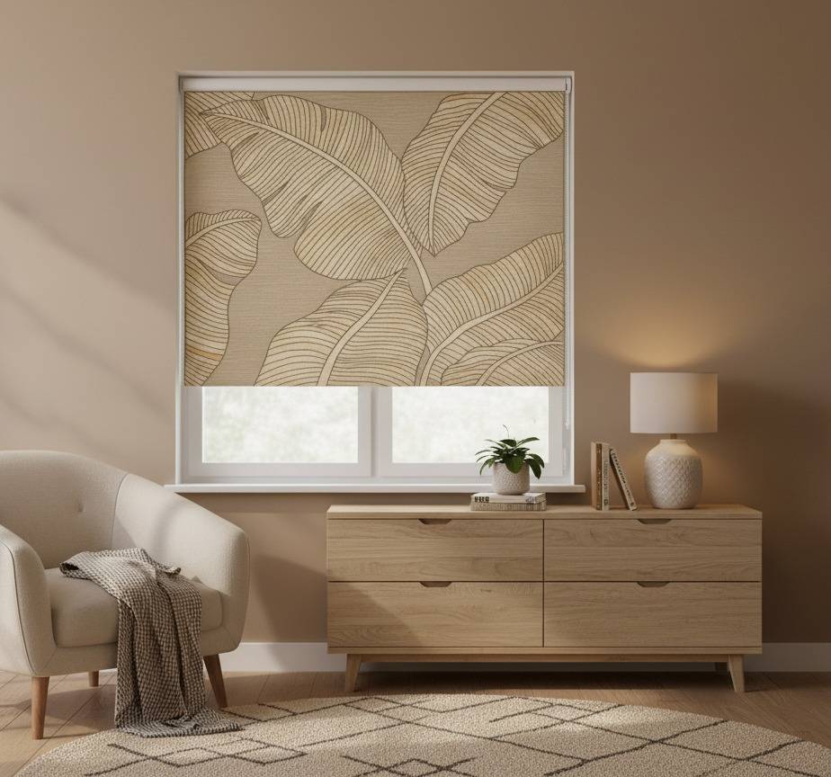 Rullgardin vardagsrum beige stora blad design