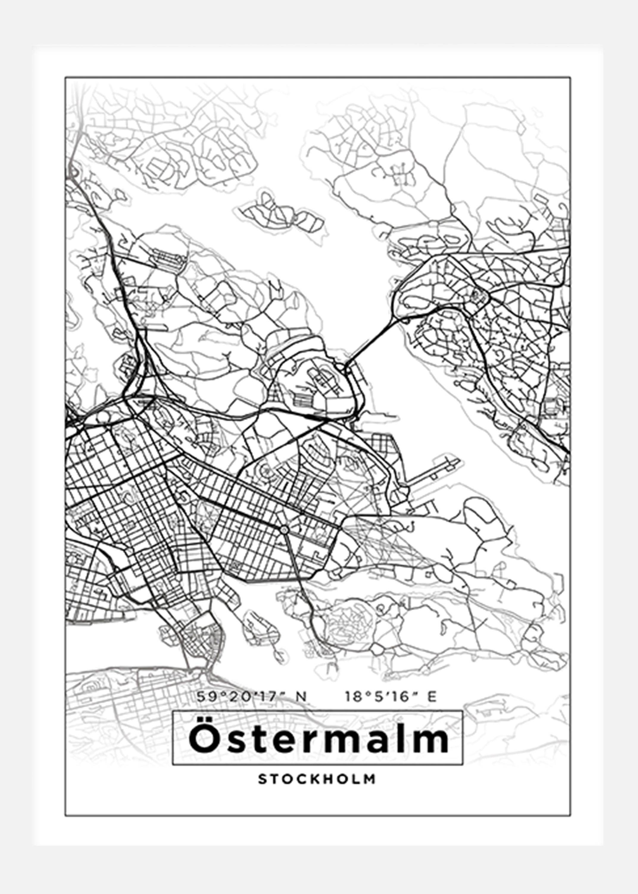 Karta - Östermalm - Vit Canvastavla (70x100 cm)