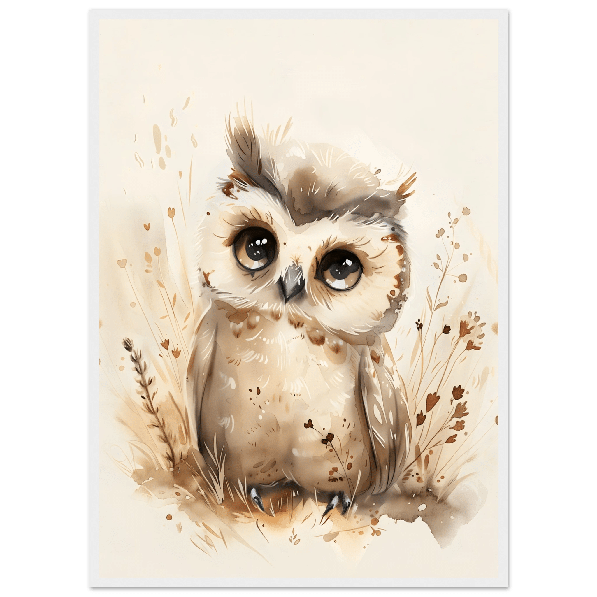 Söt uggla poster-50x70 cm / 20x28″ / Med ram / Vit