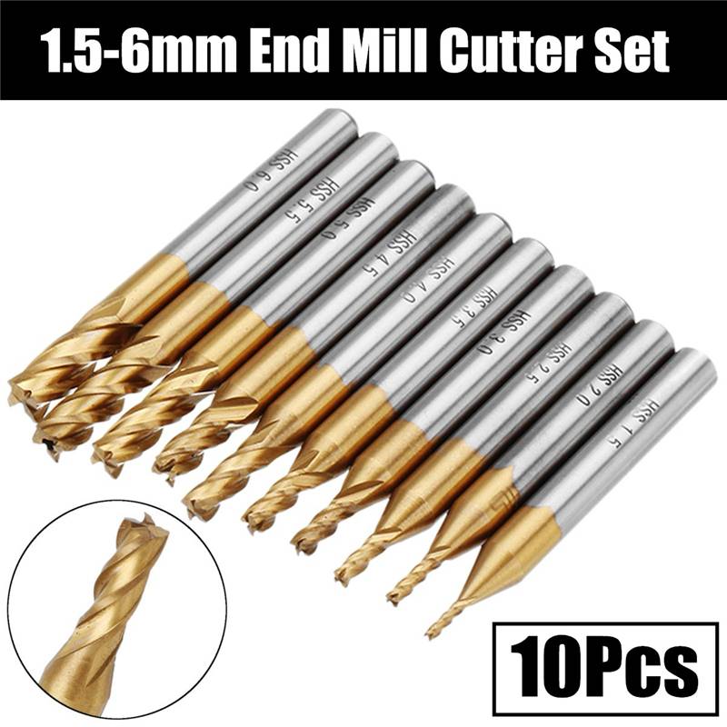 4 Flutes Milling Cutters HSS Titanium End Mill Set 6/10Pcs 1.5-6mm 6mm Shank CNC Router Bit For Wood Metal Steel Milling