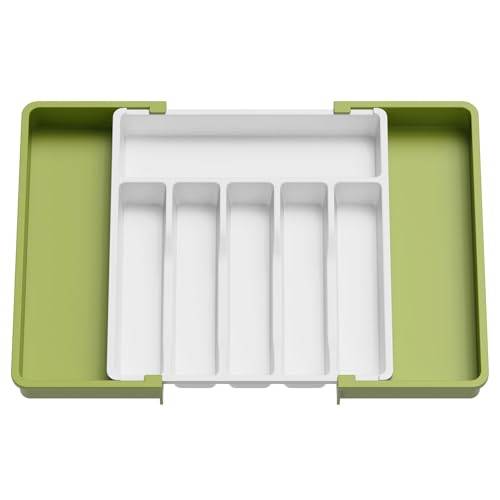 Lifewit Besticklåda för Låda, Plastlådinsats Justerbar Lådinsats Bestickförvaring, Adjustable Kitchen Cutlery Organizer för Skedar och Gafflar, 33-57 x 38 cm, Gr枚n och Vit