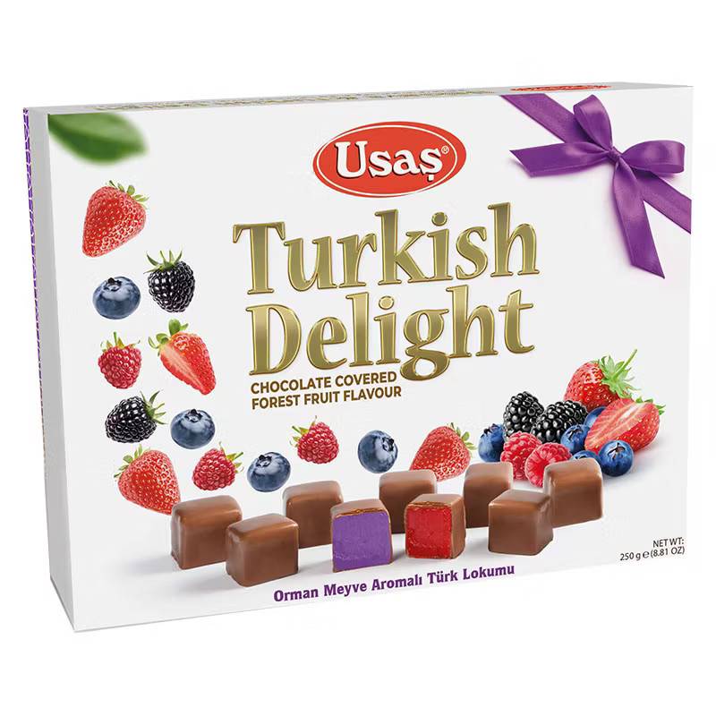 Chokladtäckt Turkisk Delight med Skogsbärs-smak