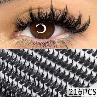 216 buntar falska minkögonfranskluster, D-curl med blandad längd för naturlig voluminös look, återanvändbara, lämpliga för dagligt bruk, bröllop, cosp