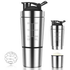 Golgner rostfritt stål proteinshaker, shaker, proteinsport, fitness, 600 ml fitness proteinshaker, med 200 ml kopp, BPA-fri med skala, dubbelväggig, för protein, diet och fitnessshake (silver)
