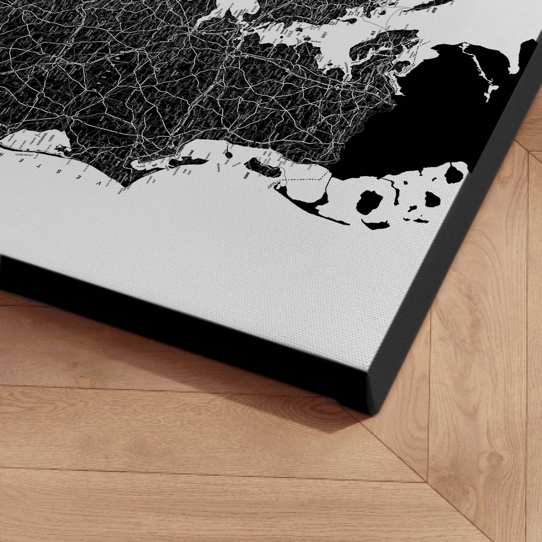 Danmarkskort til Nåle - White - Lærredstryk - Str: 100 x 100 Cm