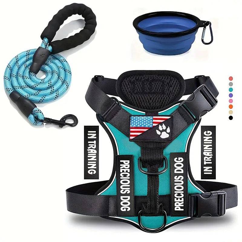 Reflective Dog Harness & Leash Set with Folding Bowl - Green / S (S)