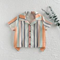 Unga pojkar Casual blommigt randigt mönster Lapel krage kortärmad skjorta topp, sommar - Orange (6Y,7Y,4Y,5Y)