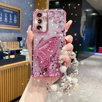 Rosa glitter 3D fjärilspärlrem lyxigt silikon TPU minimalistiskt fjärilselement lyxigt silikon TPU fjäril 1st minimalistiskt fäste telefonskal, stötsä - Rosa + fäste + kedja (Multi-size)