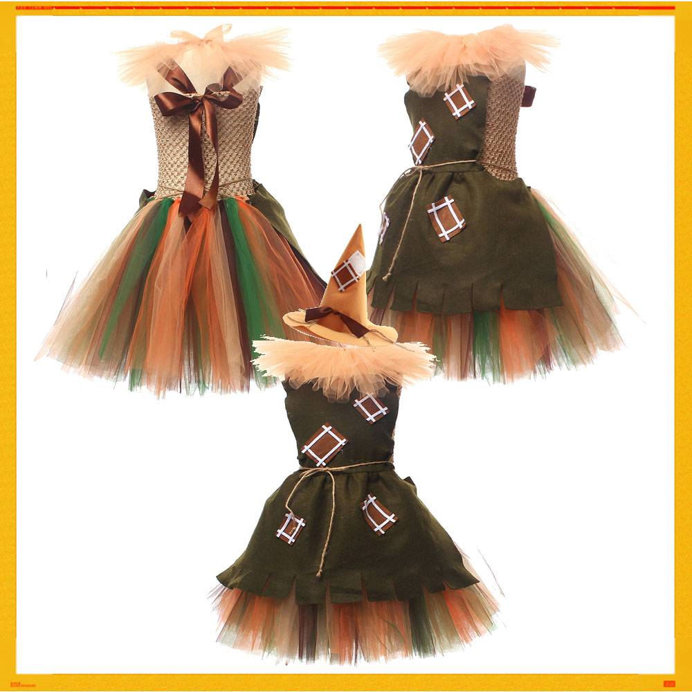 Kids Girls Scarecrow Cosplay Tutu Dress Skirt Hat Stage Performance Children Costume Roleplay Dress Up Party Halloween Suit
