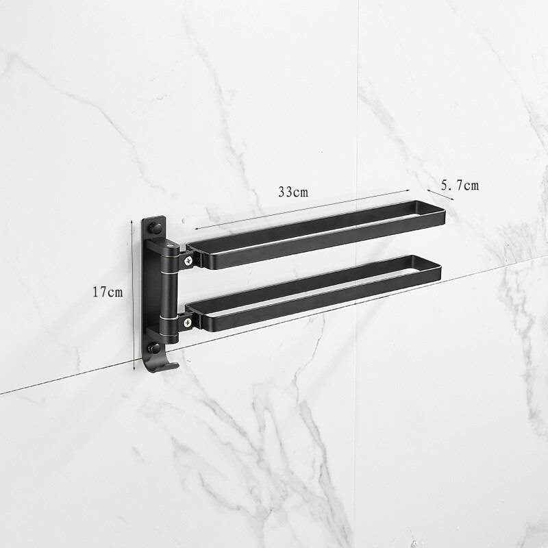 Svart / silver aluminium handdukshållare gratis spikhandduk bar väggmonterad svängbar svängarm handduk ring badrumstillbehör - Svart dubbel