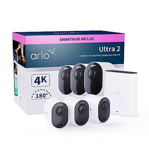 Arlo Ultra 2 Überwachungskamera Aussen WLAN, Kabellos, 3er Set, 4K UHD Qualitätsprodukt, 180° Sichtfeld, Spotlight, Farb-Nachtsicht, Bewegungsmelder, Alarm Sirene + mit Arlo Secure Testzeitraum