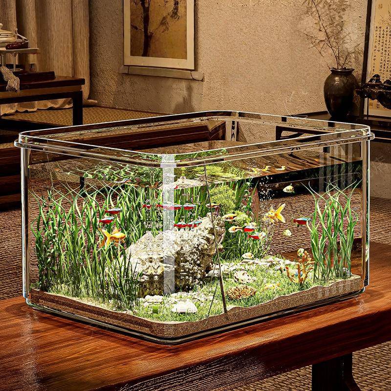 Komplett akvarium för hemmet, liten vardagsrumsekologisk landskapsdesign - genomskinligt bordsakvarium med lock transparent