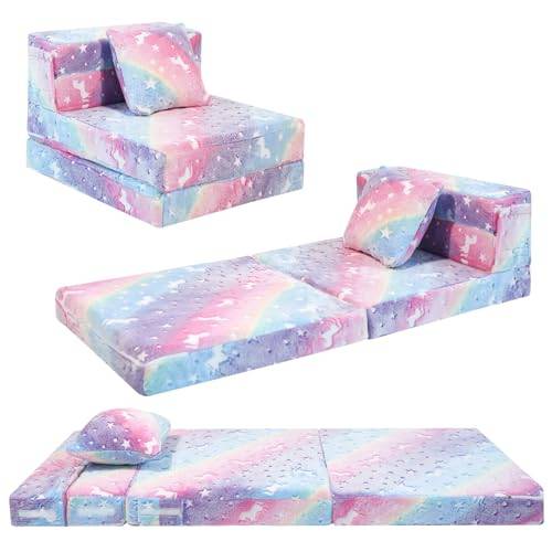 MeMoreCool Bäddsoffa för barn, småbarn, golvmadrass, självlysande, modulär babysoffa, vikbar barnsoffa, konvertibel futon, hopfällbar, madrass, stol, Z-säng för lekrum