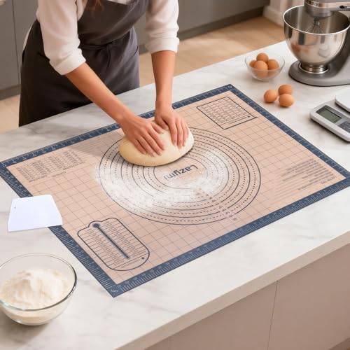 Extra Stor Och Tjock Silikon Bakmatta 71 × 51 cm, Non-Stick Bakverk Rullplåt Med Mått, Halkfri Silikon Degknådningsbräda Köksbänk Matta Underlägg för Paj/Kaka/Pizza (Grå + Skrapa)