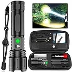 Ficklampor LED Uppladdningsbara Super Bright 20000 Lumen, USB C Laddning, 5000mAh batteri, Power Display Justerbar Focus Taktial Ficklampor för Utomhus Camping Jakt Fiske