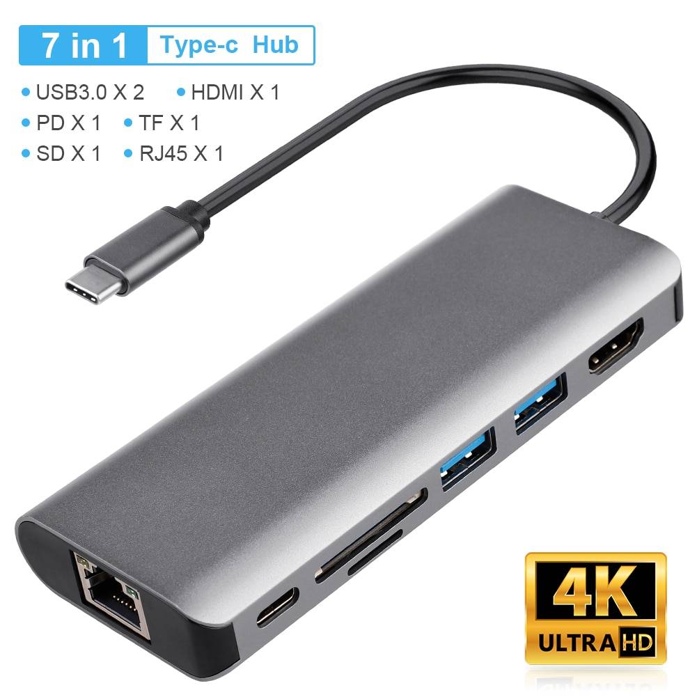 Usb c hub 4k hd 7 in 1 typ c hub med 4k hdmi sd tf kortläsare usb 3.0 port rj45 multi hub splitter för bärbara datorer bärbar telefon.