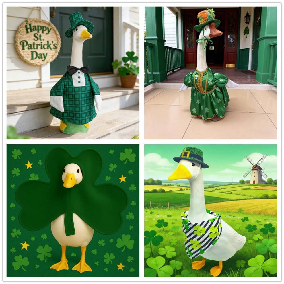 St. Patricks dag gåsekostume, kløver, veranda, gåsetøj, forårsfestival, gåsekostume til gæs, udendørs terrasse, have, græsplænedekoration