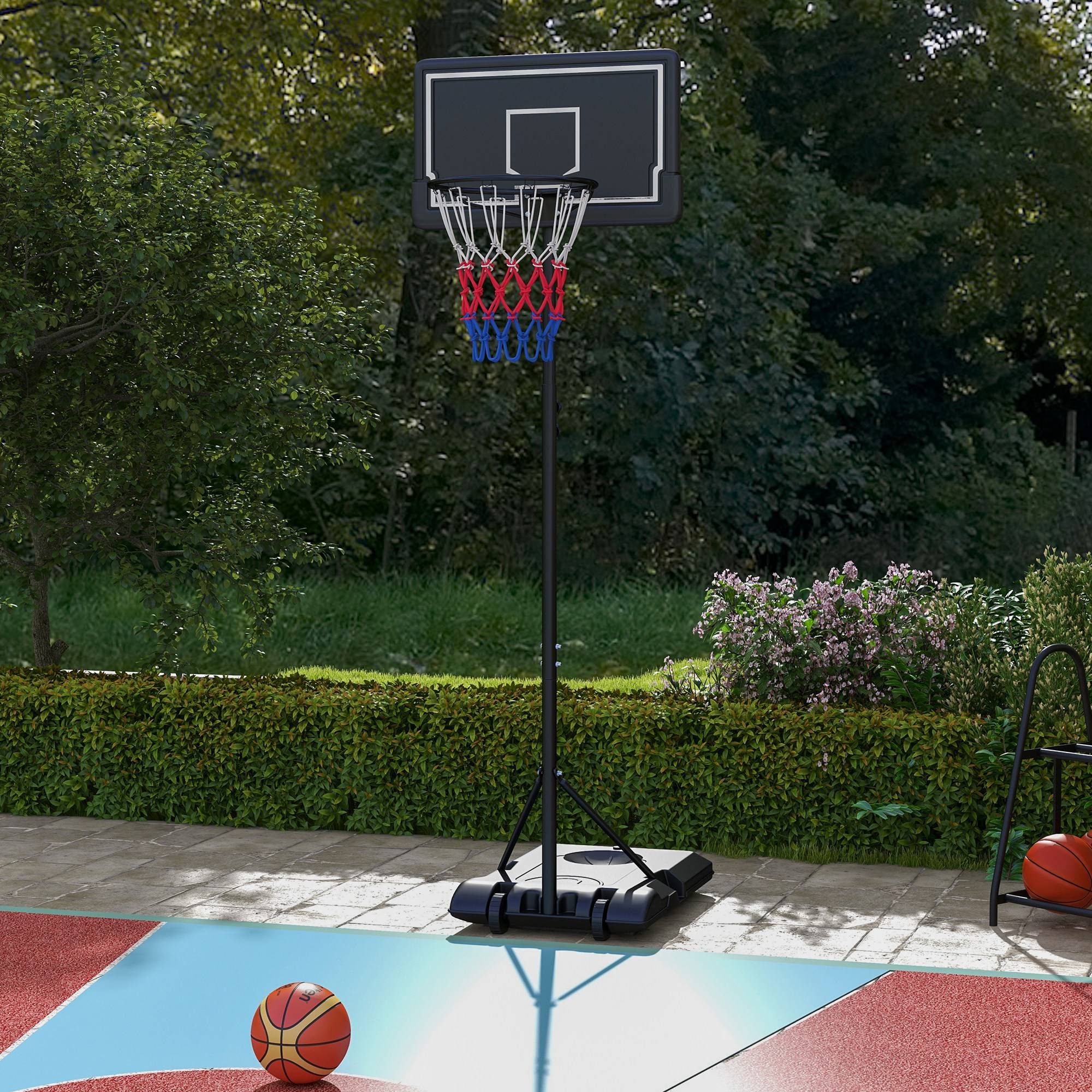 Basketballkurv med stativ, 220-250 cm højdejusterbar, med hjul, brudsikker bagplade til have og sportsplads.
