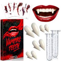 Halloween Vampyrtänder Vuxna 4 Par - 4 Storlekar Halloween Costume Vampyr Tillbehör med 2 Tuber Tandlim och 5 Halloweentatueringar, Falska Vampyr Tänder Vampyrhuggtänder för Vampire Cosplayfest