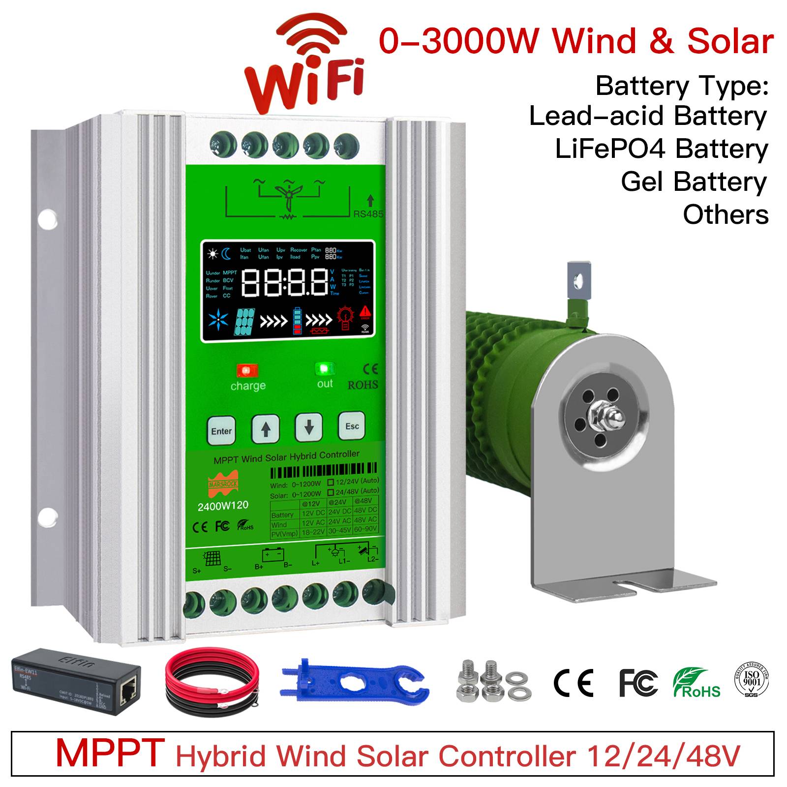 12V 24V 48V 3000W Wifi Wind Solar Hybrid Charge Controller, MPPT Charge for Solar Panel Wind Turbine, Lithium Lead Acid Battery