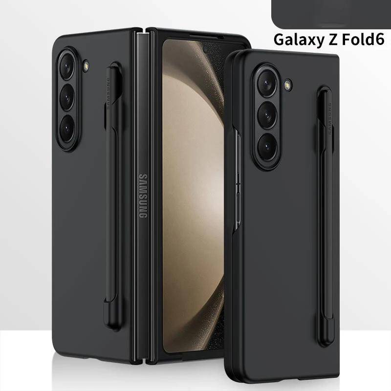 3in1 Lyxigt Affärs Flip Matt Fodral för Samsung Galaxy Z Fold 5 Fold 6 med Stylus SPen Fack Pennhållare Hudkänsla Stöttåligt Skyddande Skal orange