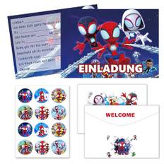 Byhsoep 12x Spidey Einladungskarten Kindergeburtstag mit 12 Umschlag,12 Runder Aufkleber,Spidey und Seine Super-Freunde Deutsch Einladungskarten für Einladungen zum Kindergeburtstag