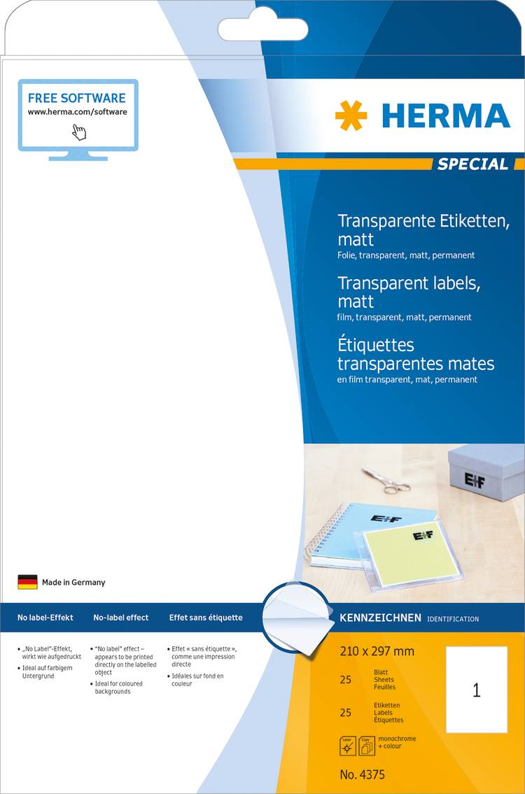 Folieetikett Herma Special 4375, matt transparent, 210x297mm, 25 st (STL 8)