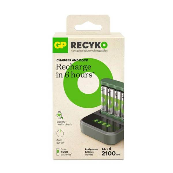 GP Batteriladdare med dockningsstation + 4st GP 2100 ReCyko uppladdningsbara AA batterier