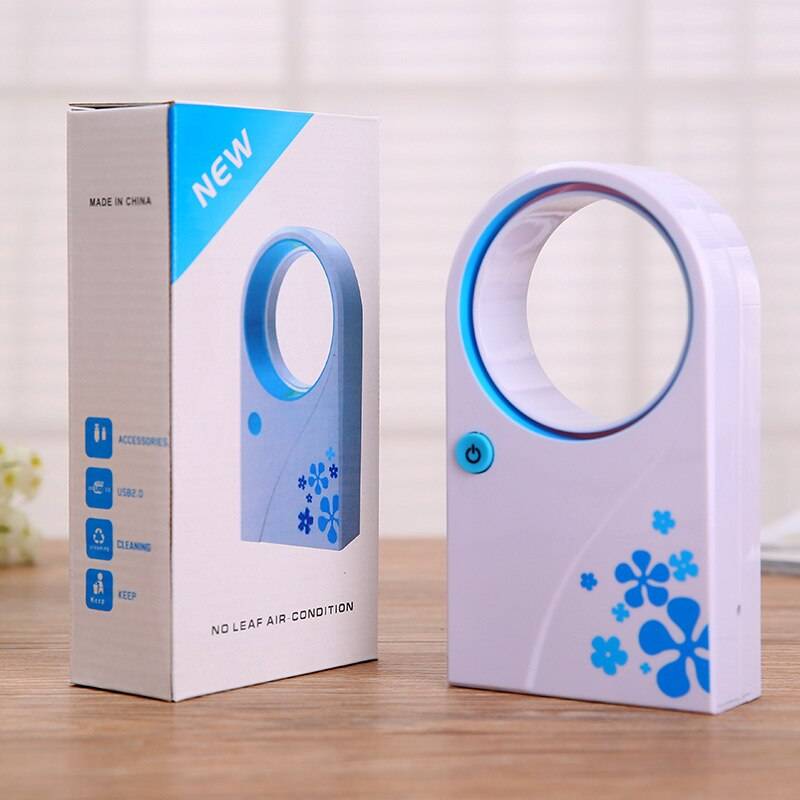 Usb/batteri dubbel användning mini elektrisk fläkt tyst student/kontor hem skrivbord liten fläkt bärbar bladlös fläktmaskin - Blå