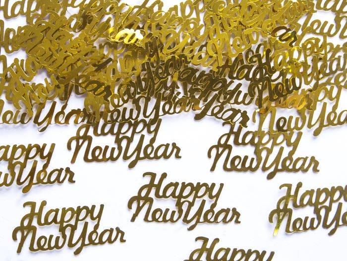 Guld Happy New Year nytår bordkonfetti 3 g - 4x2 cm.