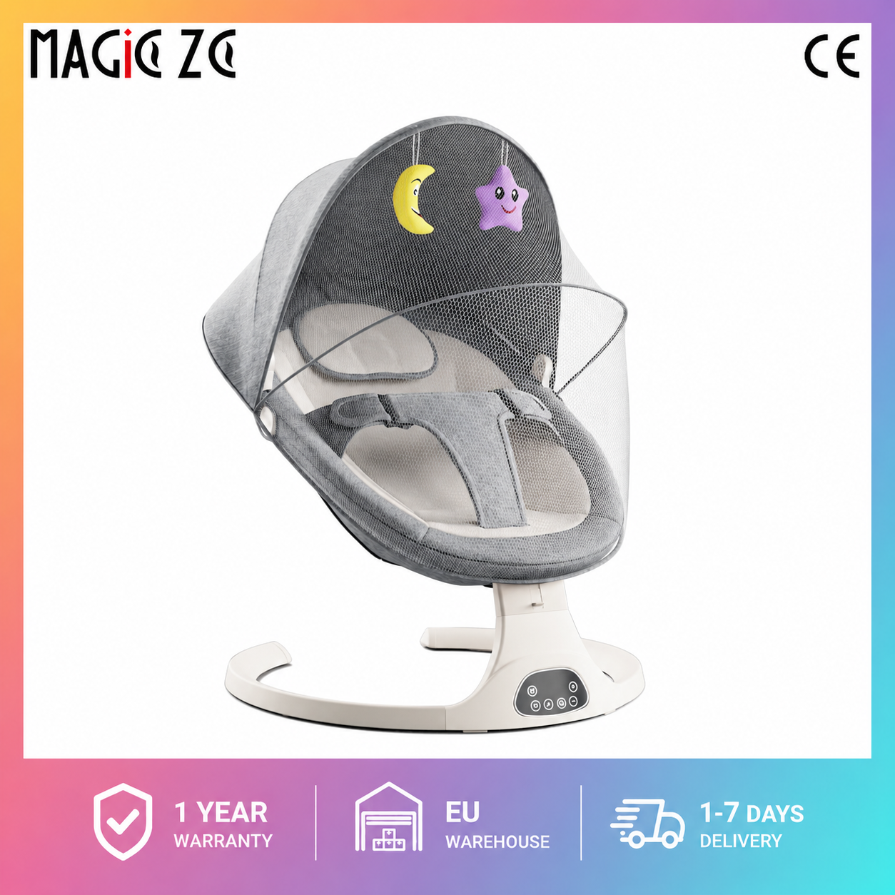 Multifunctional Electric Baby Swing Rocker, Hands-Free Smart Infant Bouncer Chair with Bluetooth Speaker, Remote Control, Auto Timer, Light-Touch Panel & Detachable Mosquito Net Canopy, Comfort