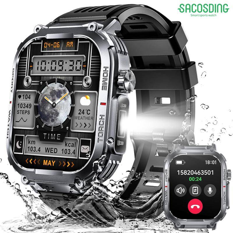 2024 SmartWatch för män 3ATM vattentät med samtals-/LED-ficklampa 2,02  HD-skärm Smartwatch Compass Fitness Tracker HR/blodtrycksmätare klocka