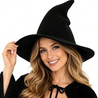 Svart stickad häxhatt för kvinnor med bred brätte och spets, Halloween cosplay kostymtillbehör för fest (22–22,8 tum)