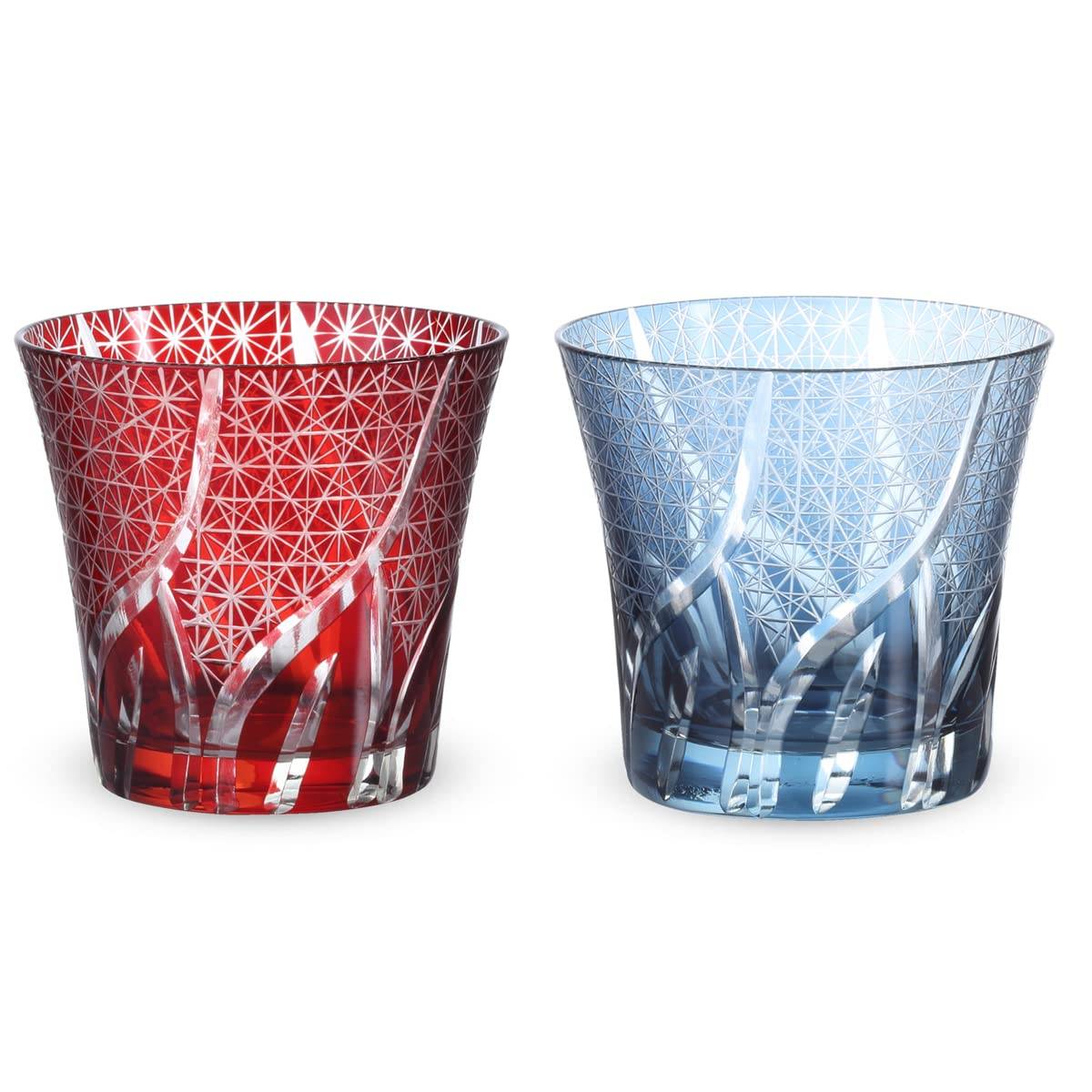 Retro Cut Glass Pair Cups 240cc Random Carving Small Pattern Red Ink Blue Hanasho Current Model J-kitchens 94xH85mm &