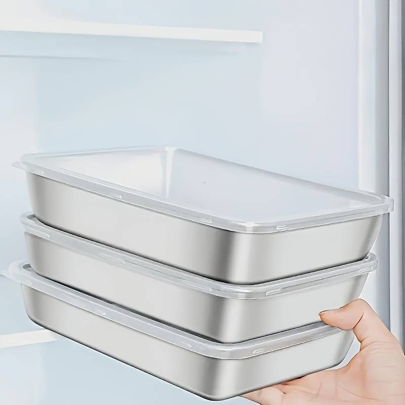 3pcs Stainless Steel Food Storage Containers | Reusable & Easy To Clean, Stackable Kitchen Organizers For Fruits, Meat, Vegetables - Suitable For Fridge, Freezer And Pantry