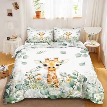 2/3-delat sött giraff-bäddset för barn, akvarellgrön blad- och blomsterdesign, vitt lakan med växt- och djurmönster, passar för pojkar och flickor - Multifärgad (135*200,150*200,200*200,203*229cm,220*240,229*229,264*229,90*200,180*210,160*210,173*229,140*210)