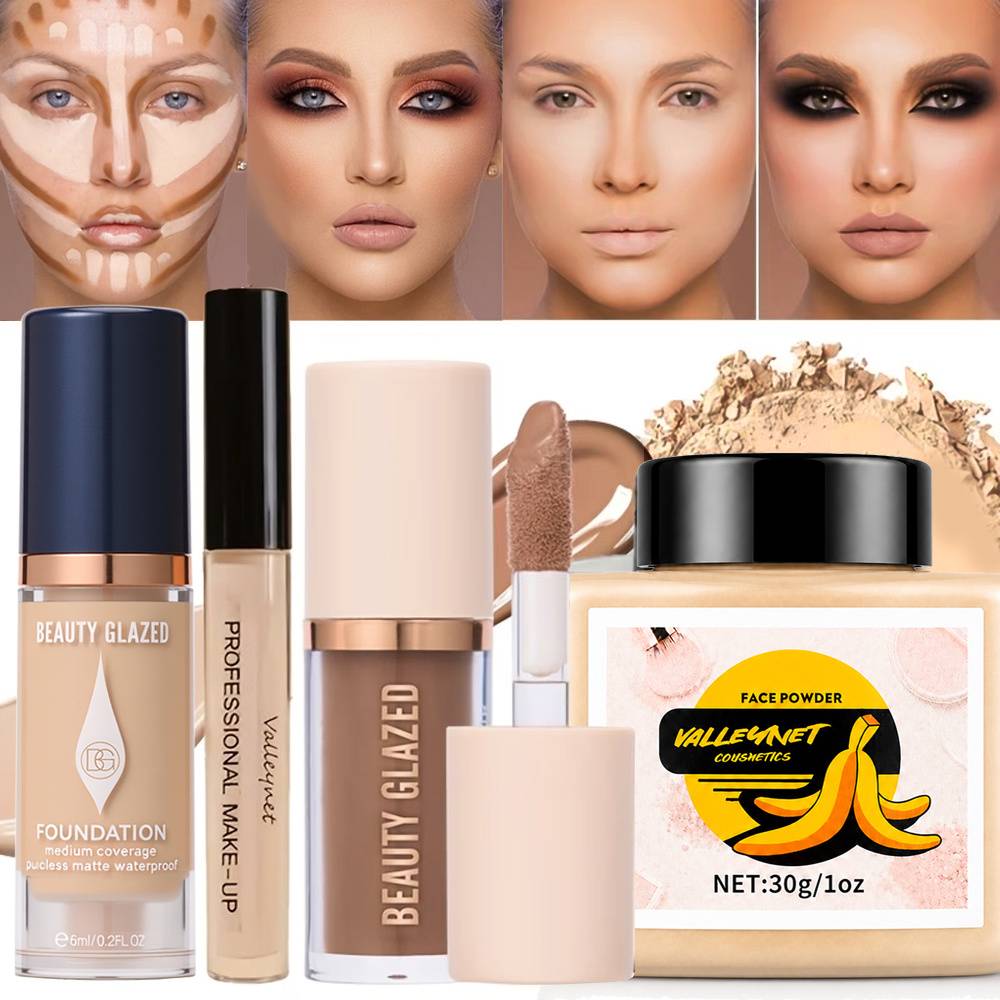 4pcs Face Makeup Set:High-Coverage Concealer,Lightweight Foundation,3D Contouring Cream,And Oil-Controlling Setting Powder