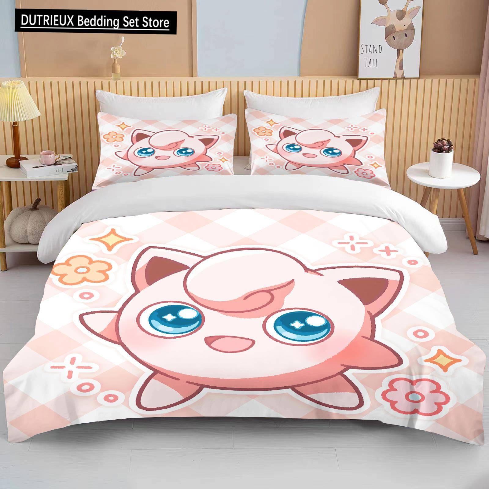 10 Storlekar Pokemon Jigglypuff Tryck Rosa Sängkläder Set Påslakan 1 Påslakan 2 Örngott Vuxen och Barn Sängkläder Set Lyx EU single(135x200cm)