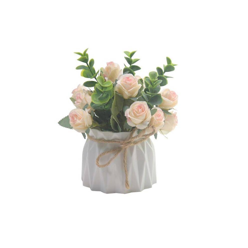 (Pink) Faux Rose Flower Arrangement in Pots for Home and Office Desktop Display Artificial Flower Potted Plant Decoration White