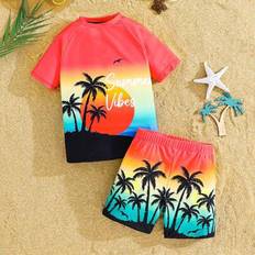 2st Tween Boy Vacation Letter & Palm Tree Printed Swimwear Set - Orange (8Y,9Y,10Y,11Y,12Y)