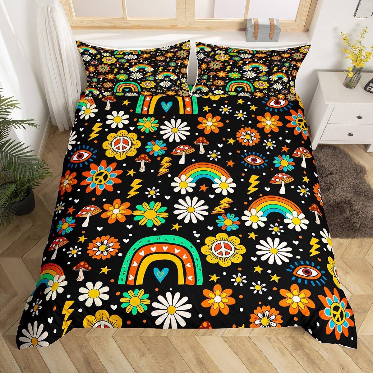 Retro 60-tal 70-tal Groovy Blommigt PåslakanFärgglatt Hippie Blommigt Sängkläder Set QueenTecknad Regnbåge Svamp Prästkrage Täckeöverdrag 150*200cm 3pcs