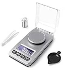 Muaket 0,001g/50g Digital Milligramvåg, Bärbar Mikrovåg med LCD Display, Laboratorievåg med Hög Precision, Elektronisk Fickvåg med Pincett, Kalibreringsvikt, Vågskål, Batteri, Silver