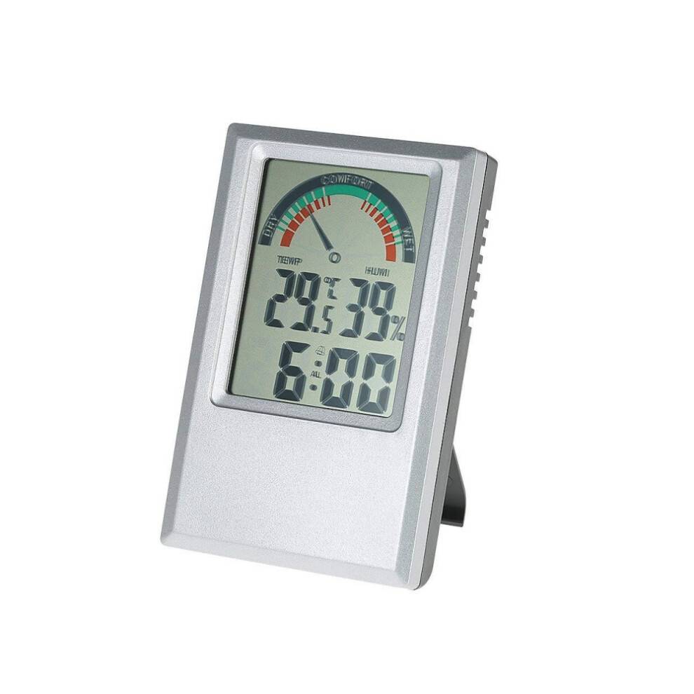 Termometer/hygrometer med ur og kalender, energibesparende gennem effektiv hjemmestyring, fire betjeningsknapper sikrer problemfri navigation