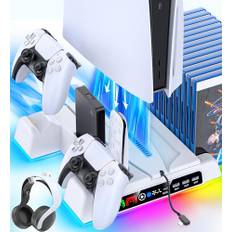 OIVO PS5 Standfuß mit 3 Stufen Lüfter und PS5 Controller Ladestation für PS5/PS5 Slim Konsole, PS5 Ständer mit RGB Licht/3 USB Anschlüsse/Remote- und 14 Spiele Steckplätze für PS5 Slim Zubehör
