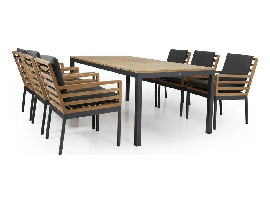 Brafab Zalongo matgrupp Teak med grå hynde 6 lænestole & bord 200x100 cm