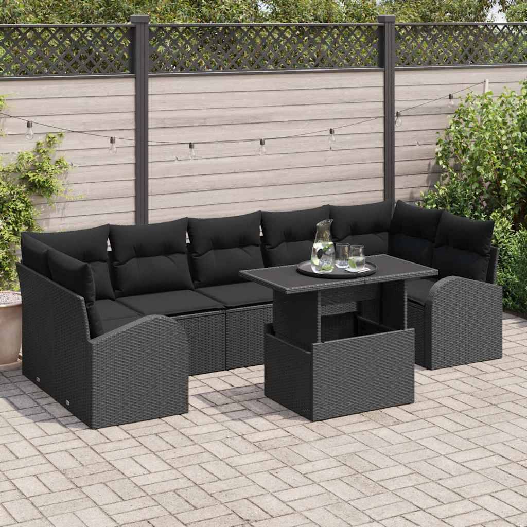vidaXL Trädgårdsoffset med kudde med lagring 8 pcs Svart Poly Rattan