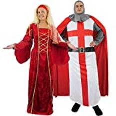 Medeltida drottning och riddare maskeraddräkter - röd renässans mässa Tudor Era outfit St Georges flagga kors kungliga sport supporters party - kvinnor: standard herrar: X-Large