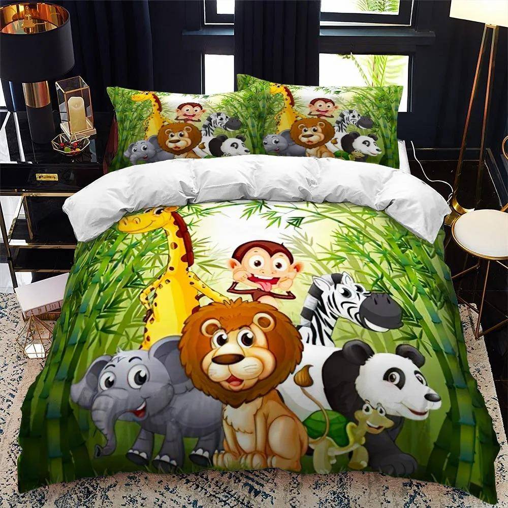 Tecknad Zoo Djur Sängklädesset Pojkar Flickor Enkel Queen Size Påslakan Örngott Säng Barn Vuxen Mode Hemtextil AU Single 140x210cm