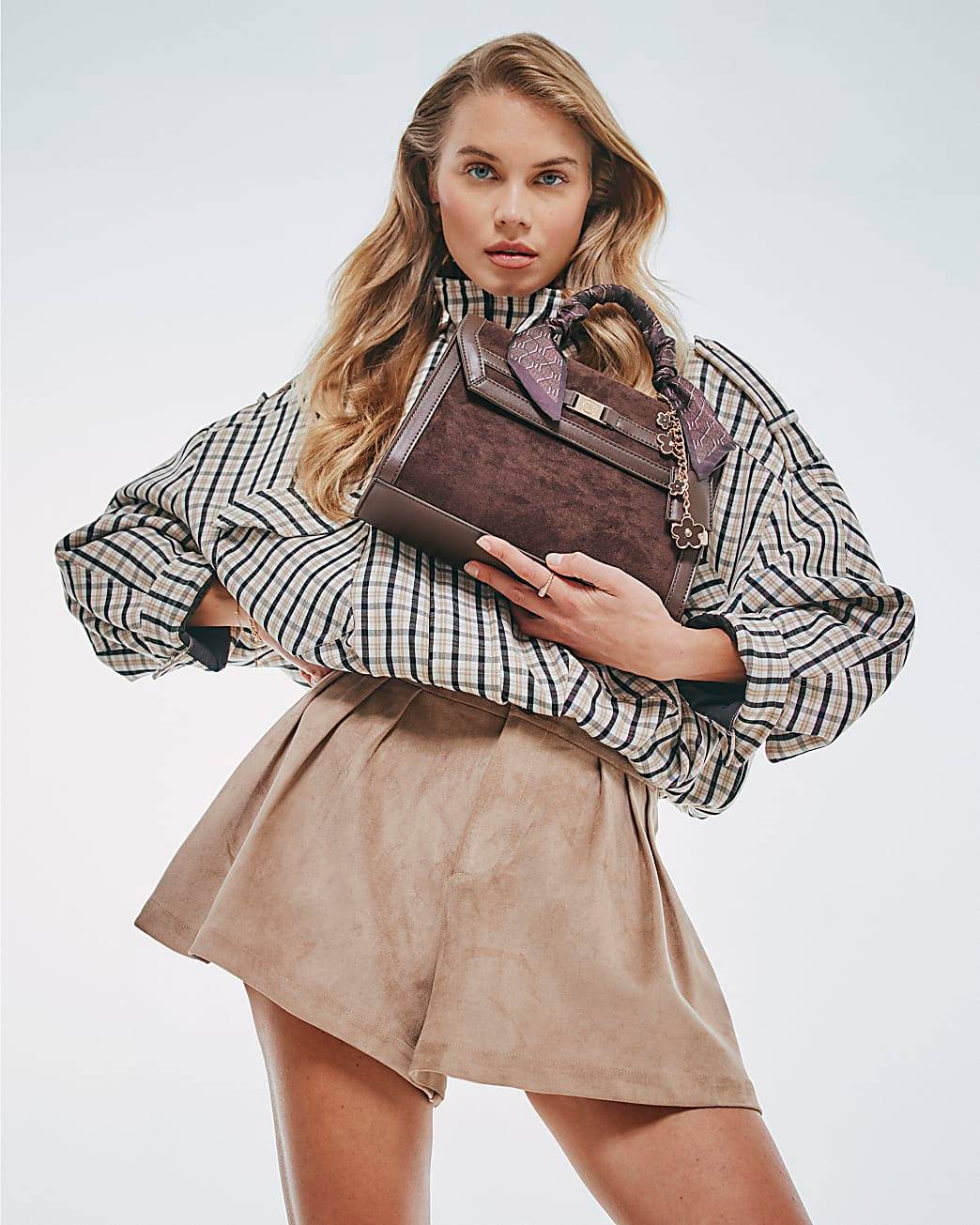Brown Scarf Charm Cross Body Tote Bag