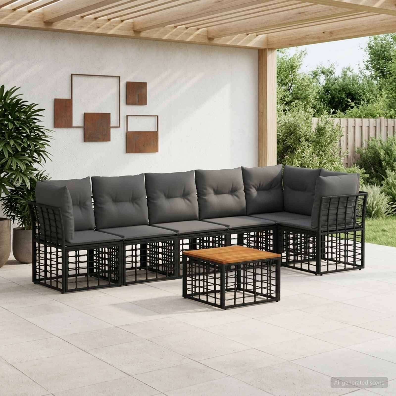vidaXL Havesofa Sæt 7 stk. Sort og Mørkegrå polyrattan